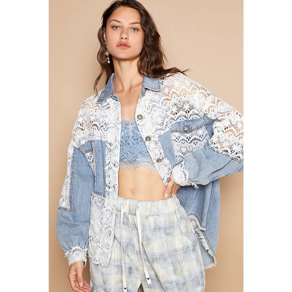 "Lace Rodeo" Lace and Denim Button Up Shirt Shacket